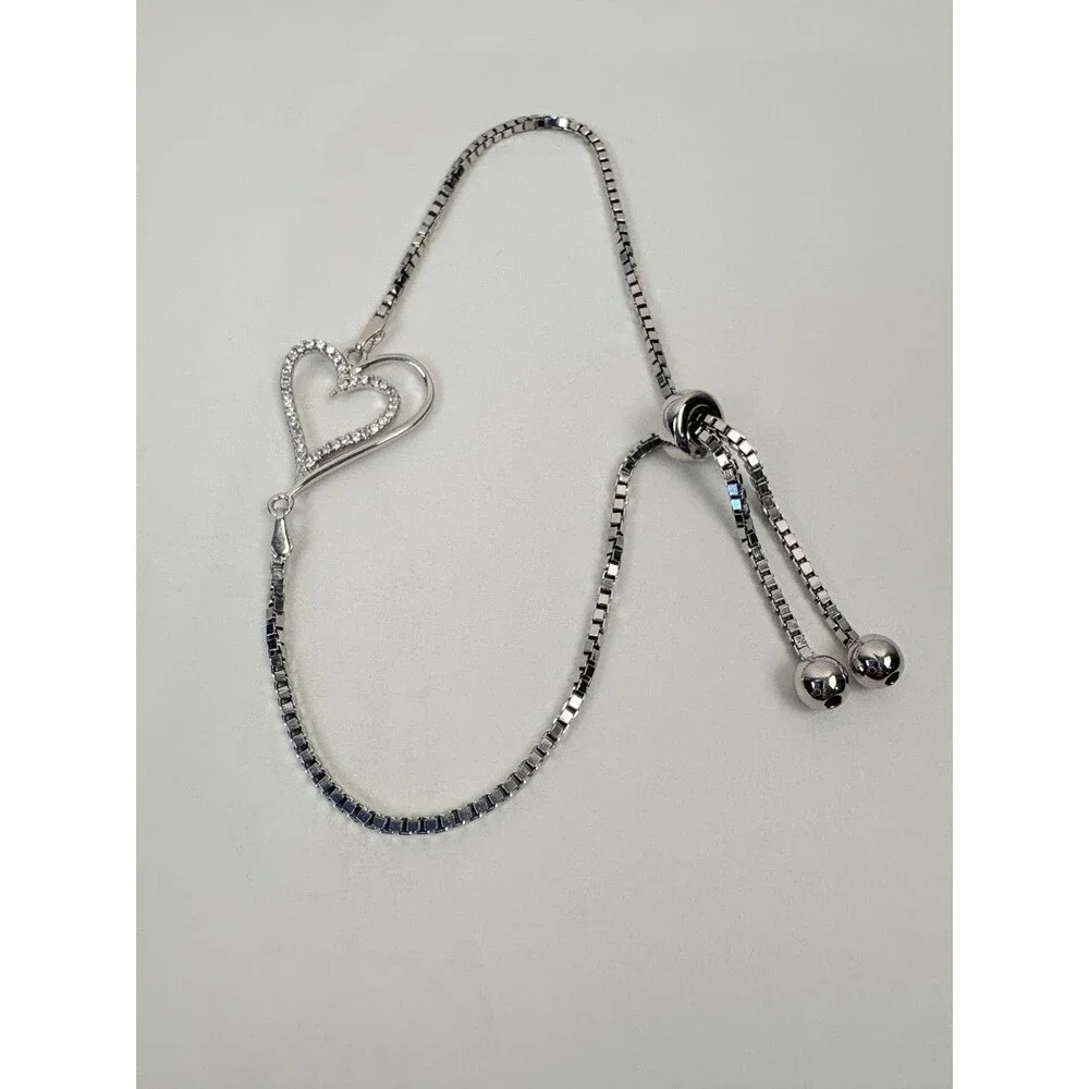925 Sterling Silver Double Heart Box Chain Bolo Slider Bracelet Signed